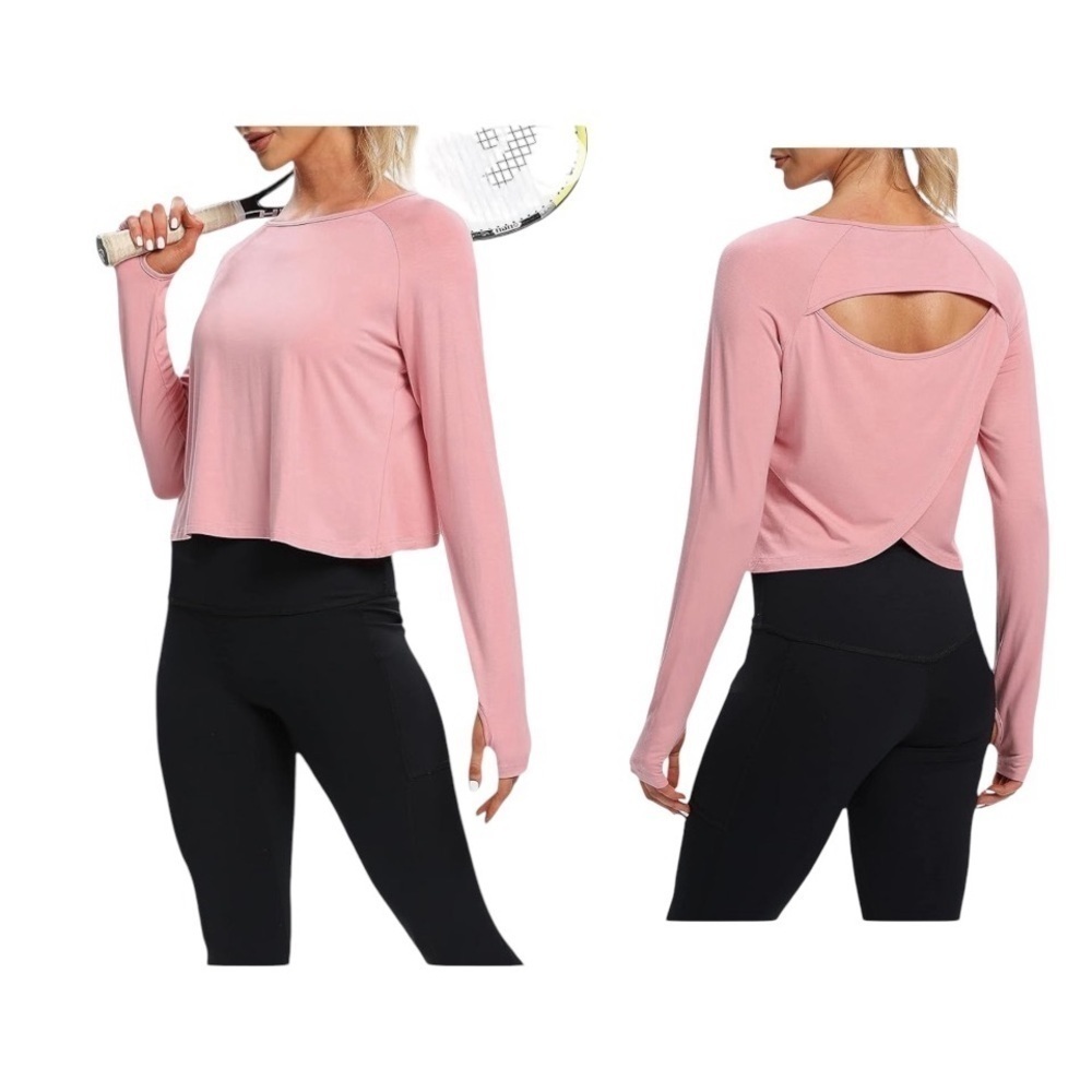 New! Medium Bestisun Long Sleeve Pink Cropped Short Workout Top